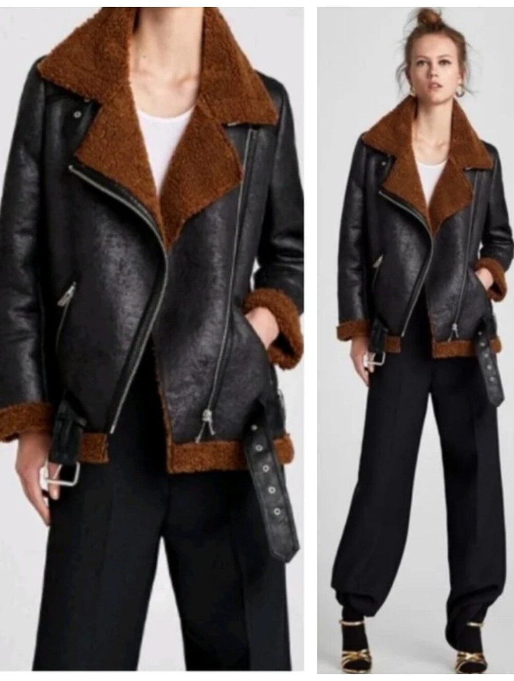 ZARA $170 Textured Shearling Moto Jacket Women's XS (Runs Large) Brown & Black